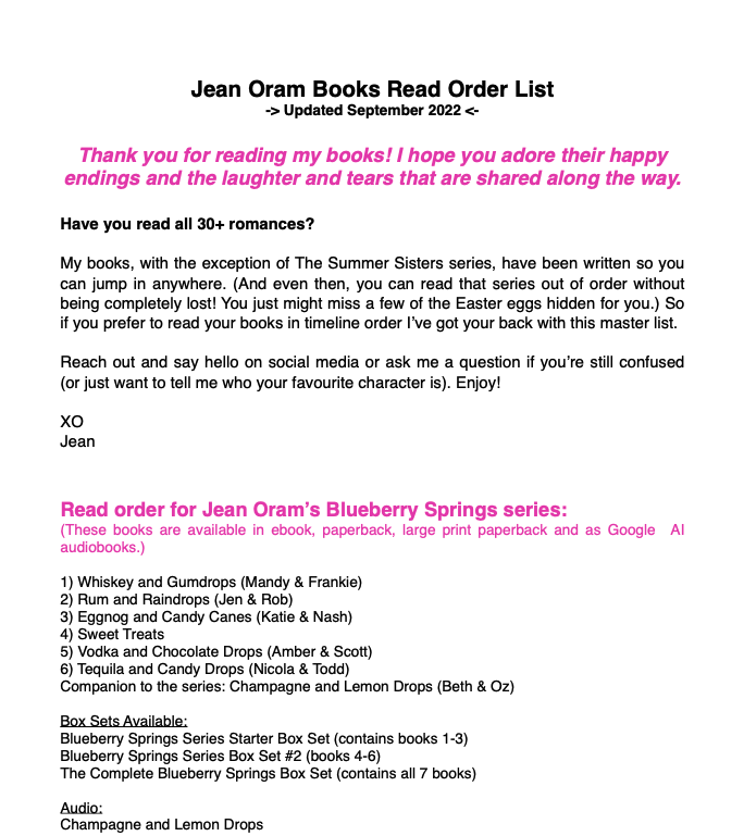 Jean Oram read order list